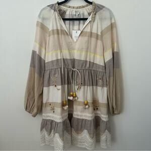 HEMANT & NANDITA Ivory/Purple/Yellow/Tan Ruffle Dress NWT Size Large